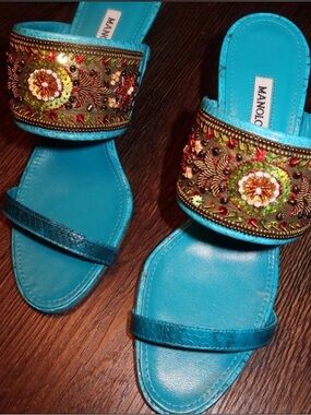 Manolo Blahnik Turquoise Embellished Slide Sandals with Multicolor Beadwork